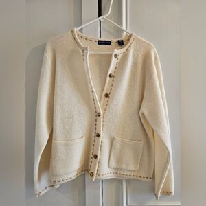 Vintage Karen Scott Cream Button-Up Cardigan With Brown Stitching Detail M
